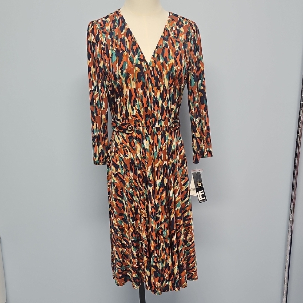 Leslie Fay V-Neck 3/4 Sleeve A-Line Midi Dress: Rust Multi: Size- 4